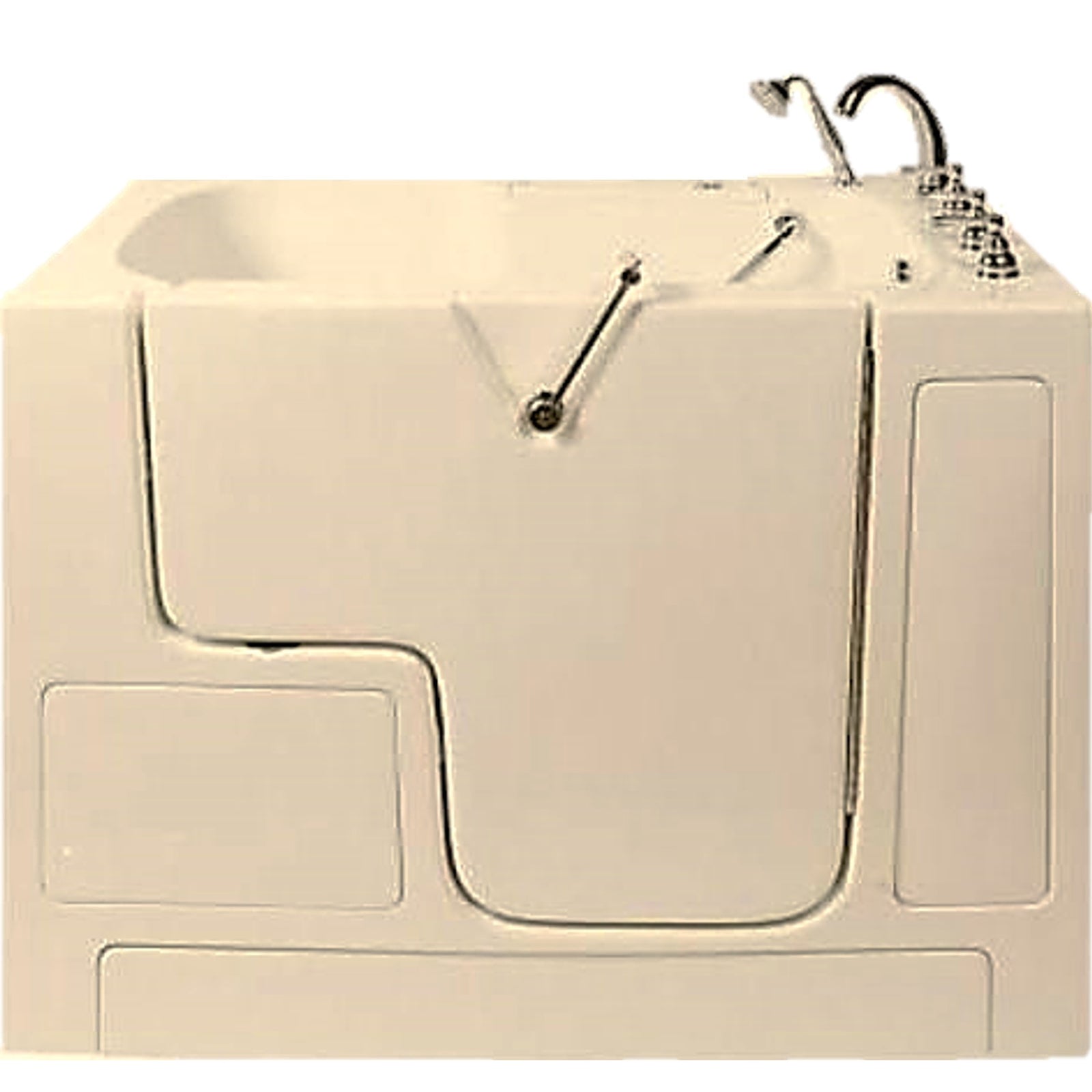 Avora bath 32" x 52" wheelchair transfer walk-in tub biscuit with left outward swing door - air and hydro massage with microbubbles - 5 piece roman faucet set - hand shower with pull out hose - stainless steel grab bar - Vital Hydrotherapy