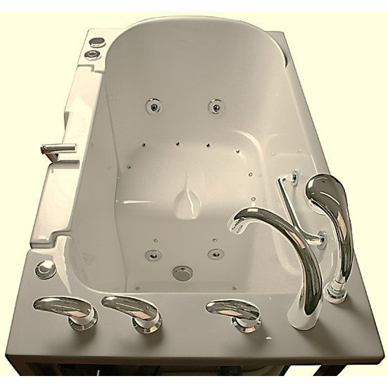Avora bath 30" x 52" wheelchair transfer walk-in tub biscuit with right outward swinging door, air and hydro massage with microbubbles and  handle & faucet  - top view - Vital Hydrotherapy