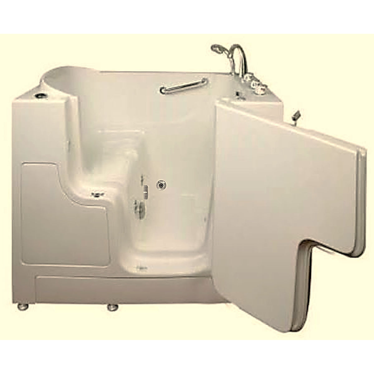 Avora bath 30" x 52" wheelchair transfer walk-in tub biscuit with right outward swinging door, hydro massage with microbubbles, handle & faucet - open door - Vital Hydrotherapy