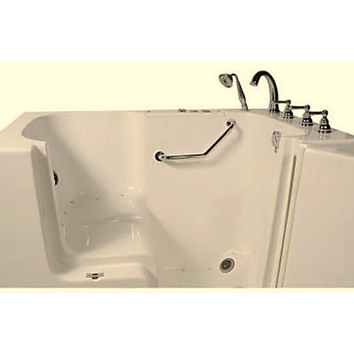Avora bath 32" x 52" wheelchair transfer walk-in tub biscuit with right outward swing door - hydro and vibration jets - 5 piece roman faucet set - hand shower with pull out hose - stainless steel grab bar - Vital Hydrotherapy