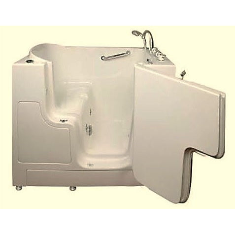 Avora bath 32" x 52" wheelchair transfer walk-in tub biscuit with right outward swing door - hydro and vibration jets - 5 piece roman faucet set - hand shower with pull out hose - stainless steel grab bar - open door - Vital Hydrotherapy