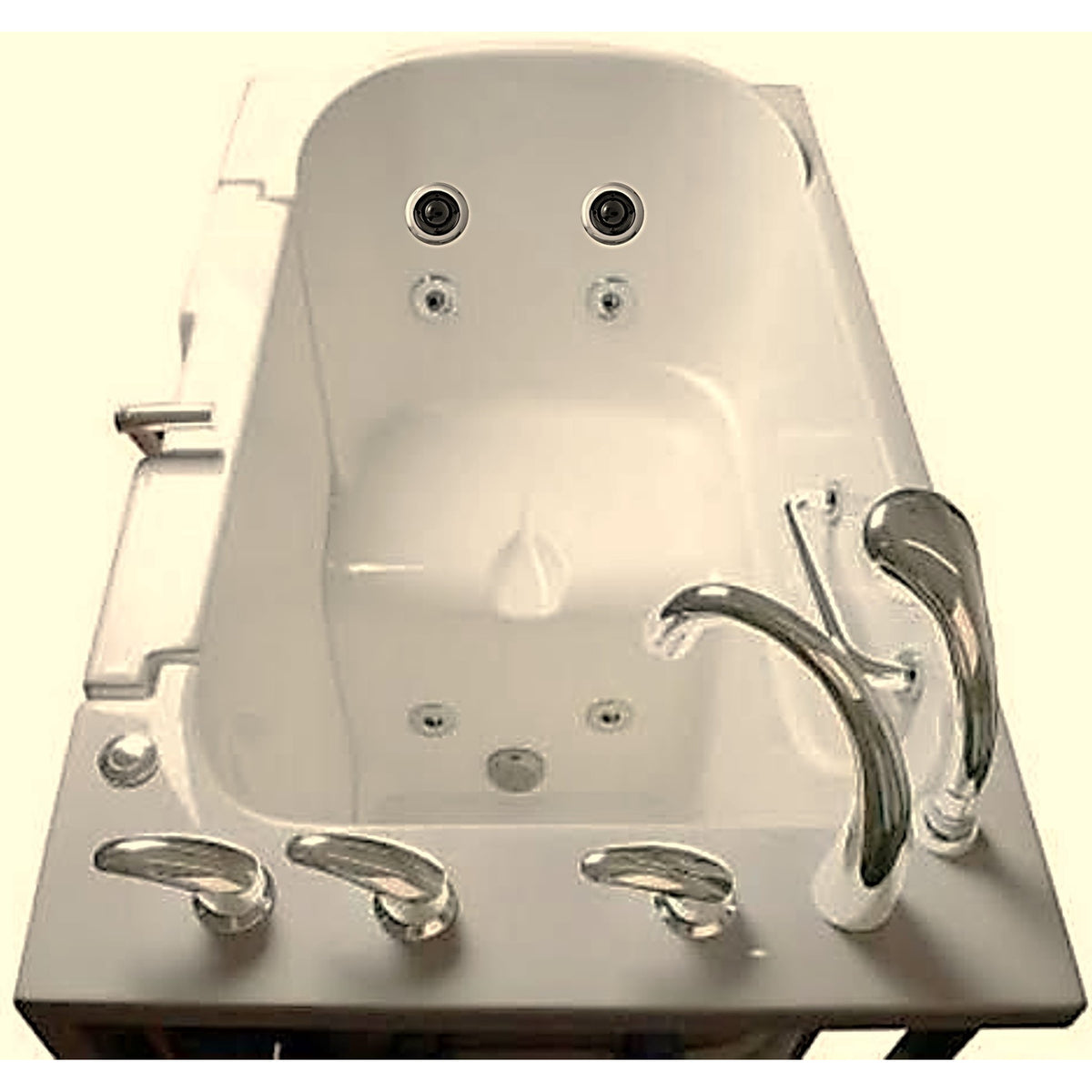 Avora bath 30" x 52" wheelchair transfer walk-in tub biscuit with right outward swinging door, hydro and vibration jets, handle & faucet - top view - Vital Hydrotherapy