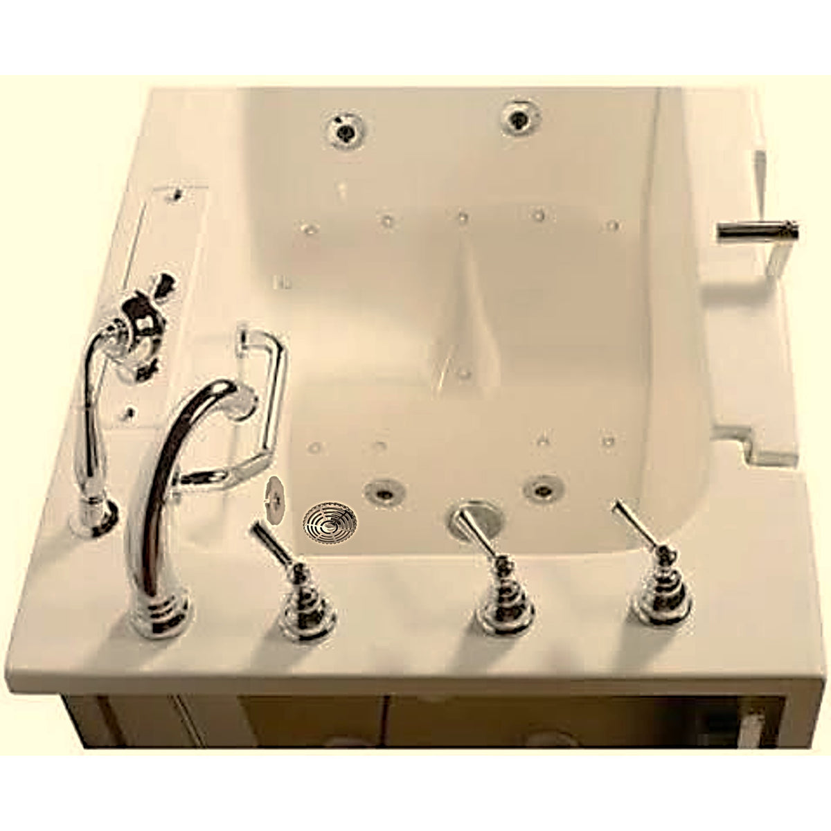 Avora bath 32" x 52" wheelchair transfer walk-in tub biscuit with left outward swing door - air and hydro massage with microbubbles - 5 piece roman faucet set - hand shower with pull out hose - stainless steel grab bar - Vital Hydrotherapy