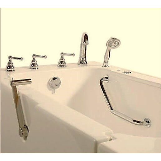 Avora bath 32" x 52" wheelchair transfer walk-in tub biscuit with left outward swing door - air and hydro massage with microbubbles - 5 piece roman faucet set - hand shower with pull out hose - stainless steel grab bar - Vital Hydrotherapy