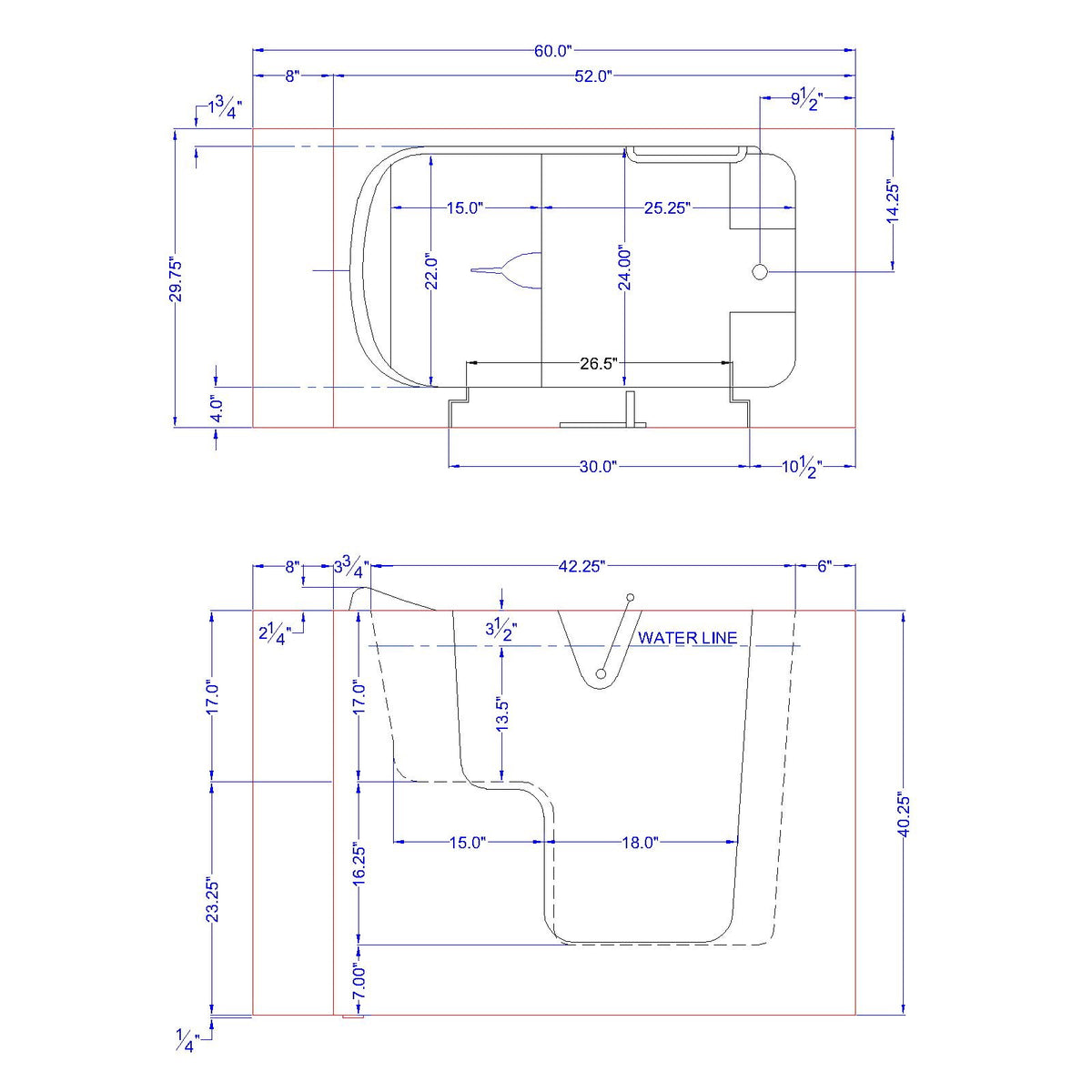 Avora Bath 30" x 52" Wheelchair Transfer Walk-In Tub Dimension Drawing - Vital Hydrotherapy