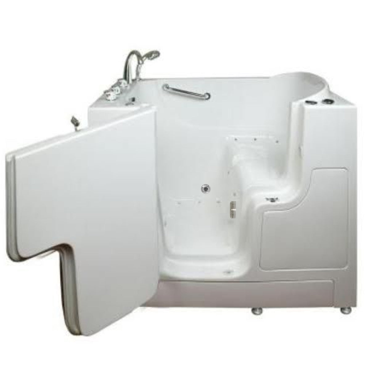 Avora bath 30" x 52" wheelchair transfer walk-in tub white with left outward swinging door, air massage with microbubbles and handle & faucet - open door - Vital Hydrotherapy