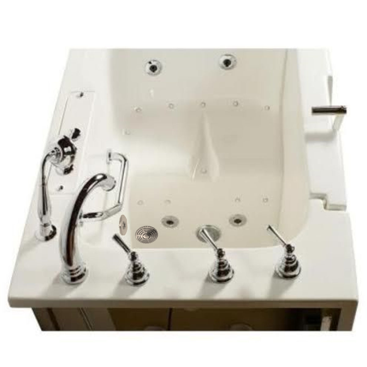 Avora bath 32" x 52" wheelchair transfer walk-in tub white with left outward swing door - air and hydro massage with microbubbles - 5 piece roman faucet set - hand shower with pull out hose - stainless steel grab bar - top view - Vital Hydrotherapy