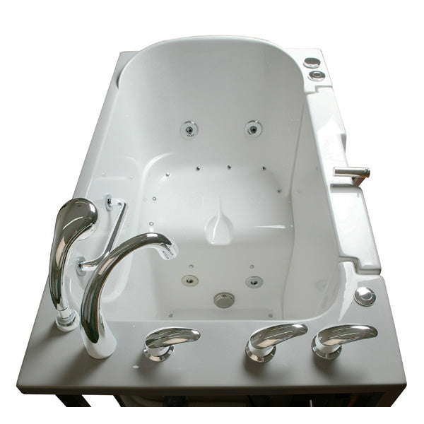 Avora bath 30" x 52" wheelchair transfer walk-in tub white with left outward swinging door, air and hydro massage with microbubbles and  handle & faucet  - top view - Vital Hydrotherapy