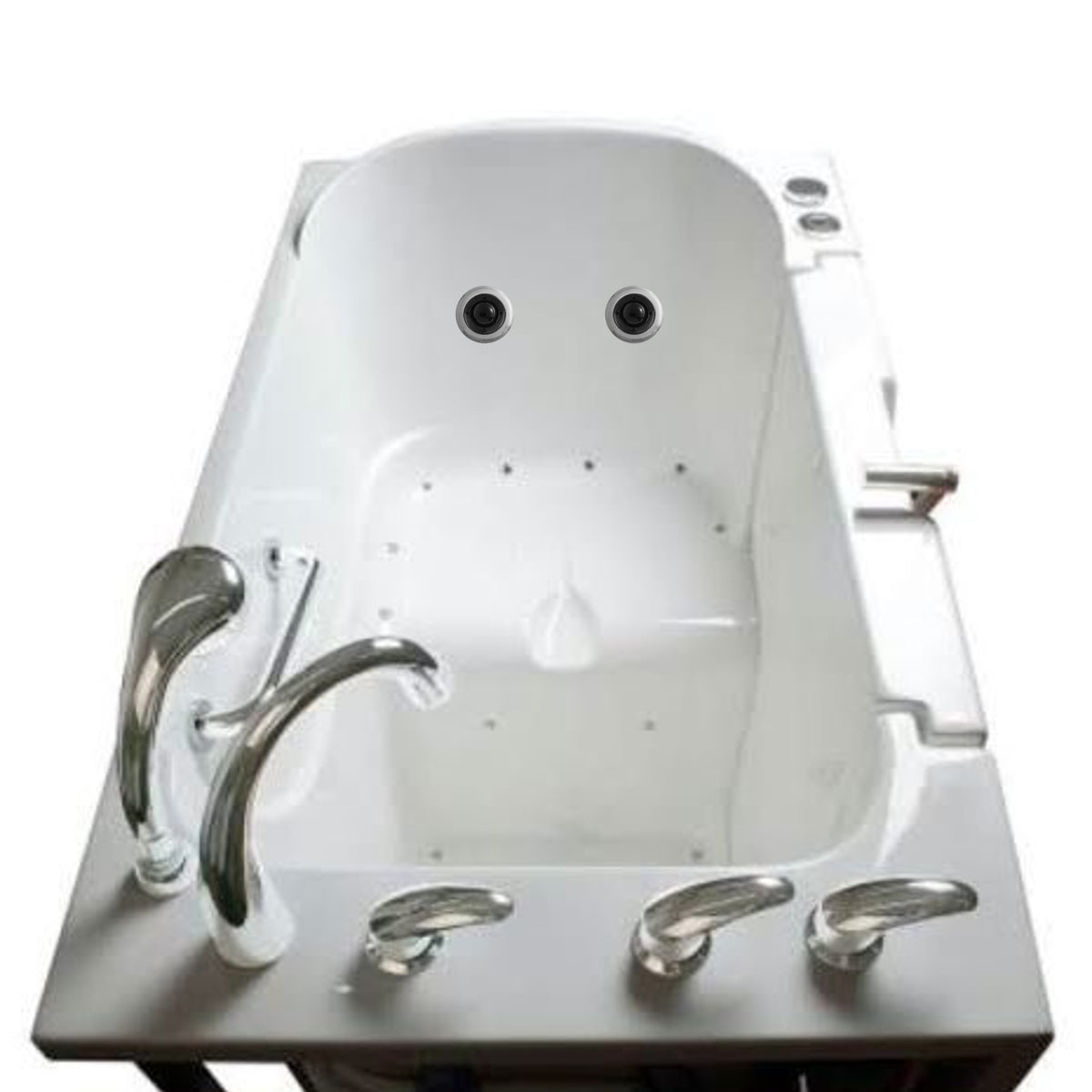 Avora bath 30" x 52" wheelchair transfer walk-in tub white with left outward swinging door, air and vibration jets and  handle & faucet - top view - Vital Hydrotherapy