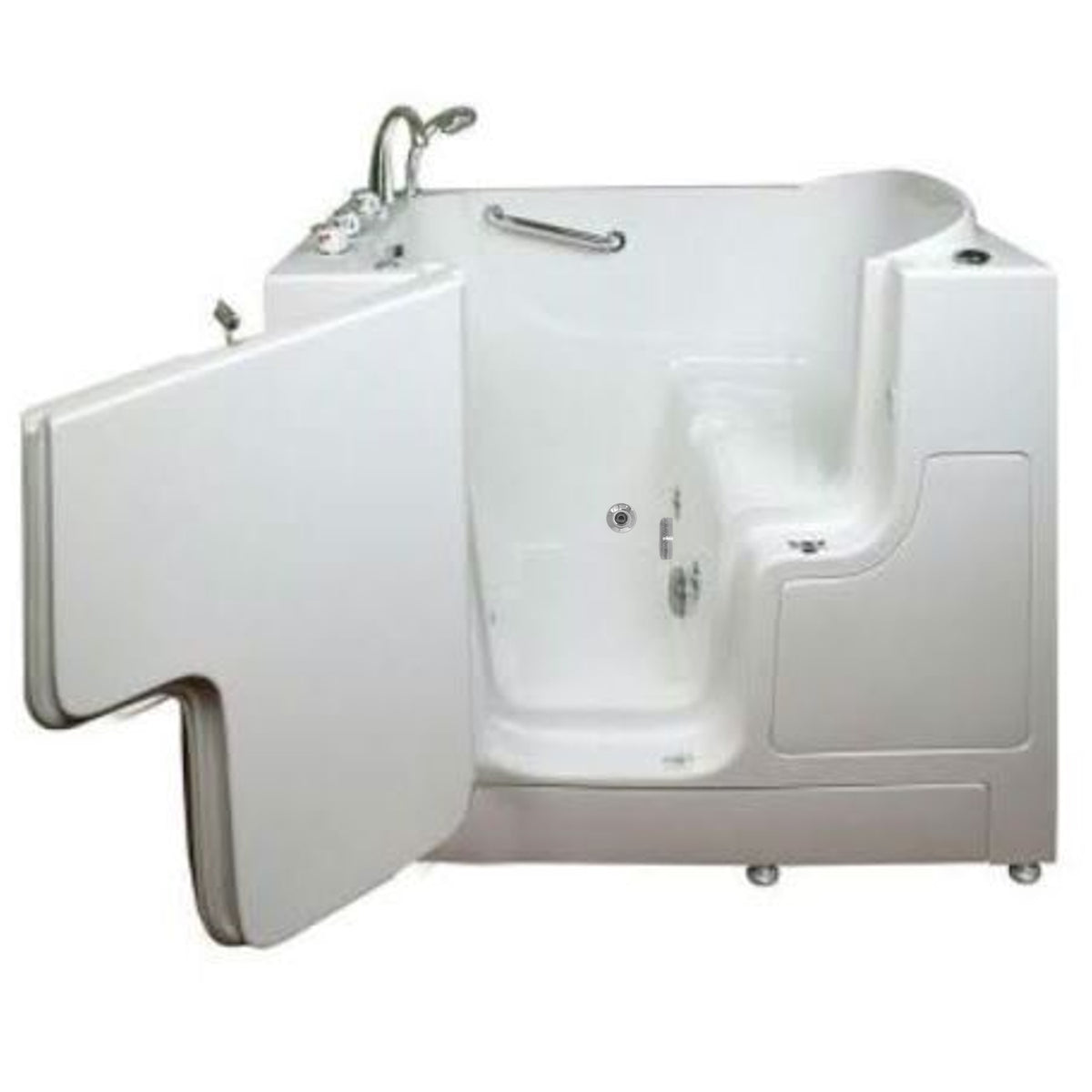 Avora bath 30" x 52" wheelchair transfer walk-in tub white with left outward swinging door, hydro massage with microbubbles, handle & faucet - open door - Vital Hydrotherapy