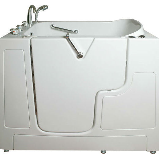 Avora bath 30" x 52" wheelchair transfer walk-in tub white with left outward swinging door, vibration jets with microbubbles, handle & faucet - Vital Hydrotherapy
