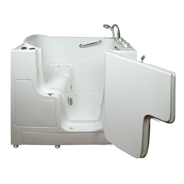 Avora bath 30" x 52" wheelchair transfer walk-in tub white with right outward swinging door, air hydro and vibration jets with microbubbles, handle & faucet - open door - Vital Hydrotherapy