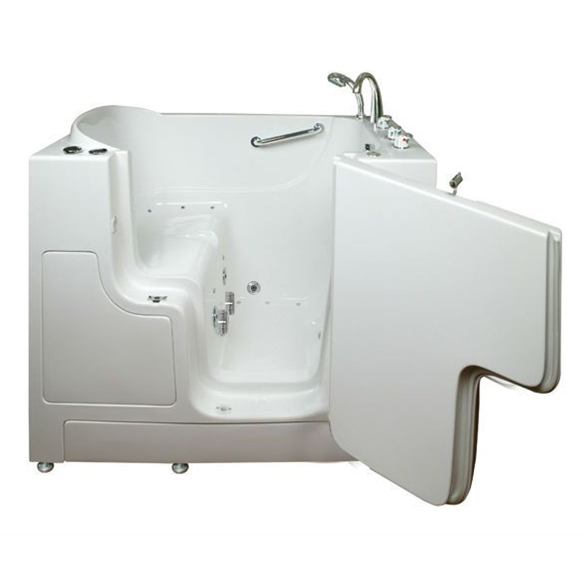 Avora bath 30" x 52" wheelchair transfer walk-in tub white with right outward swinging door, air and hydro massage with microbubbles and  handle & faucet  - open door - Vital Hydrotherapy