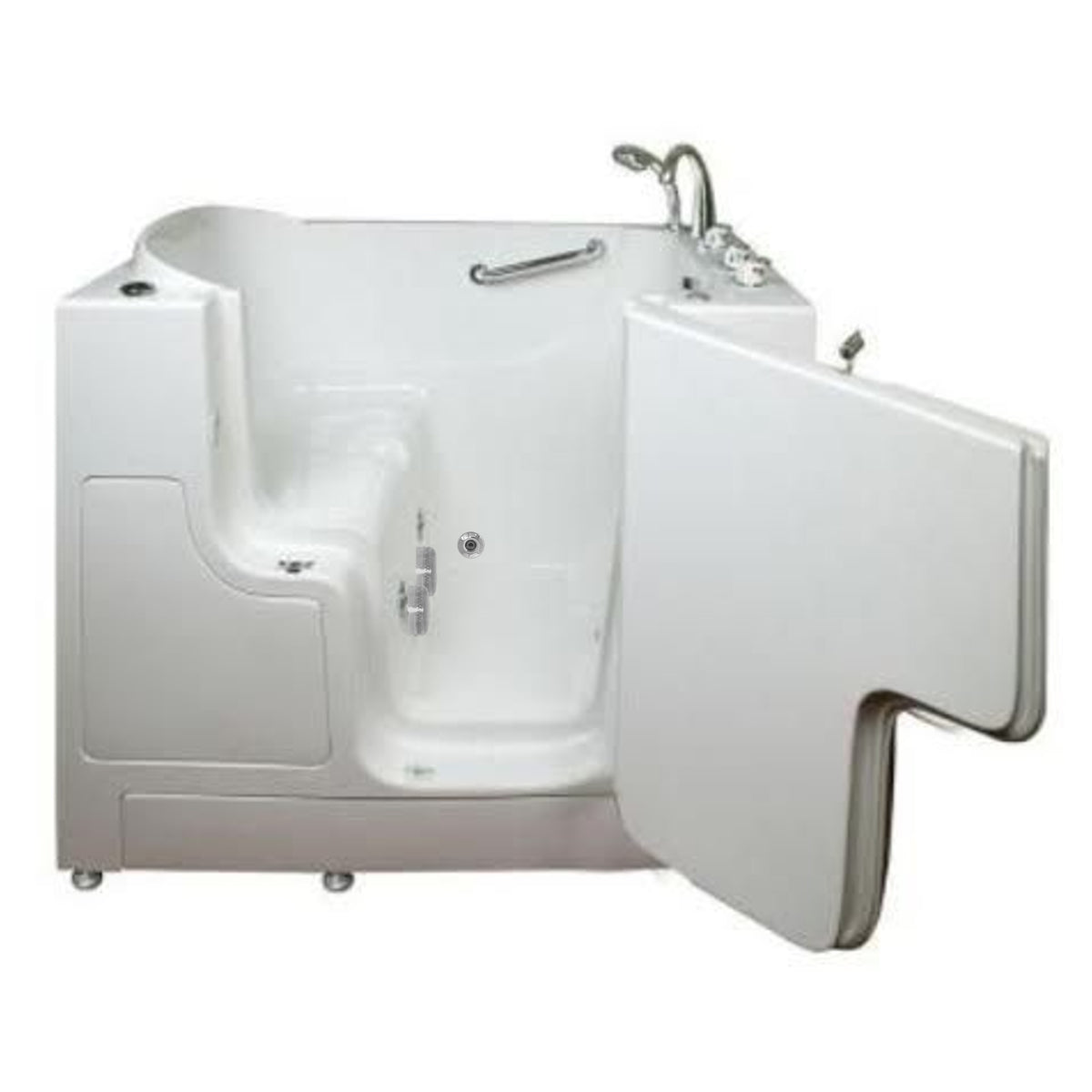 Avora bath 30" x 52" wheelchair transfer walk-in tub white with right outward swinging door, hydro massage with microbubbles, handle & faucet - open door - Vital Hydrotherapy