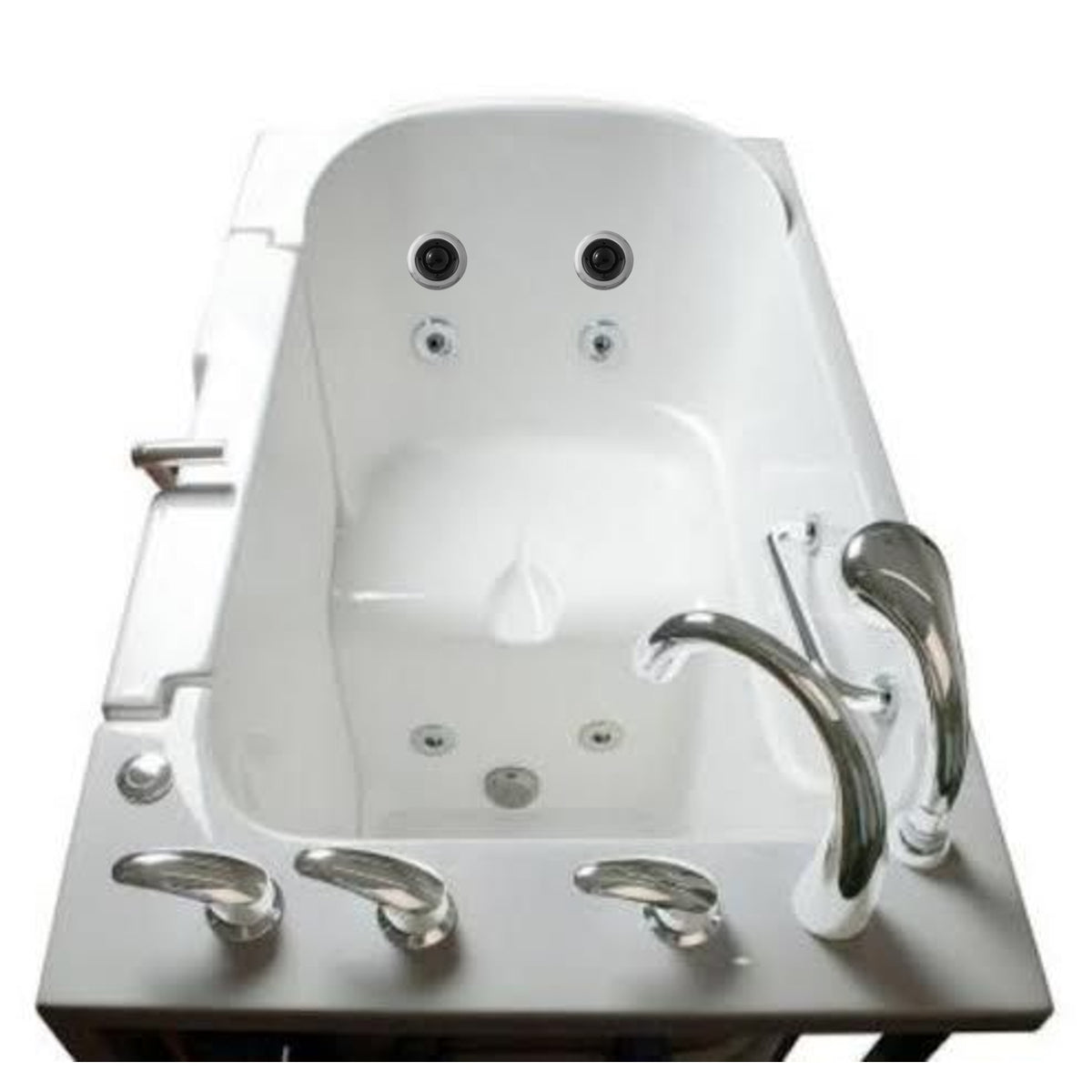Avora bath 30" x 52" wheelchair transfer walk-in tub white with right outward swinging door, hydro and vibration jets, handle & faucet - top view - Vital Hydrotherapy