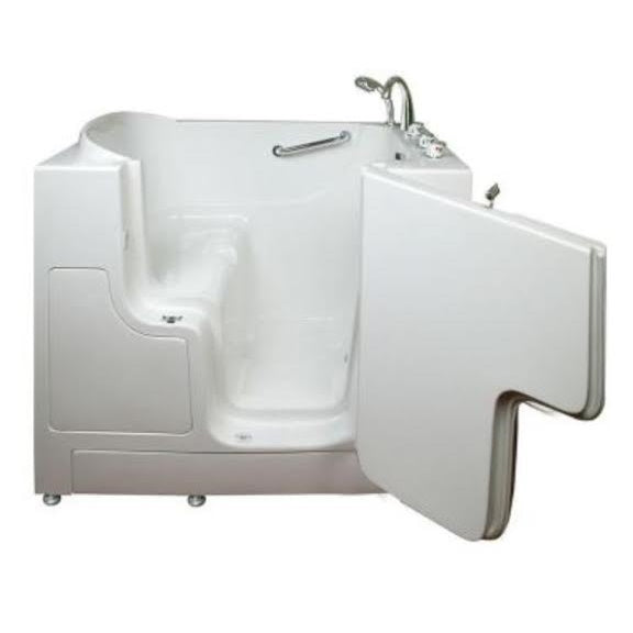 Avora bath 30" x 52" wheelchair transfer walk-in tub white with right outward swinging door, vibration jets, handle & faucet - open door - Vital Hydrotherapy