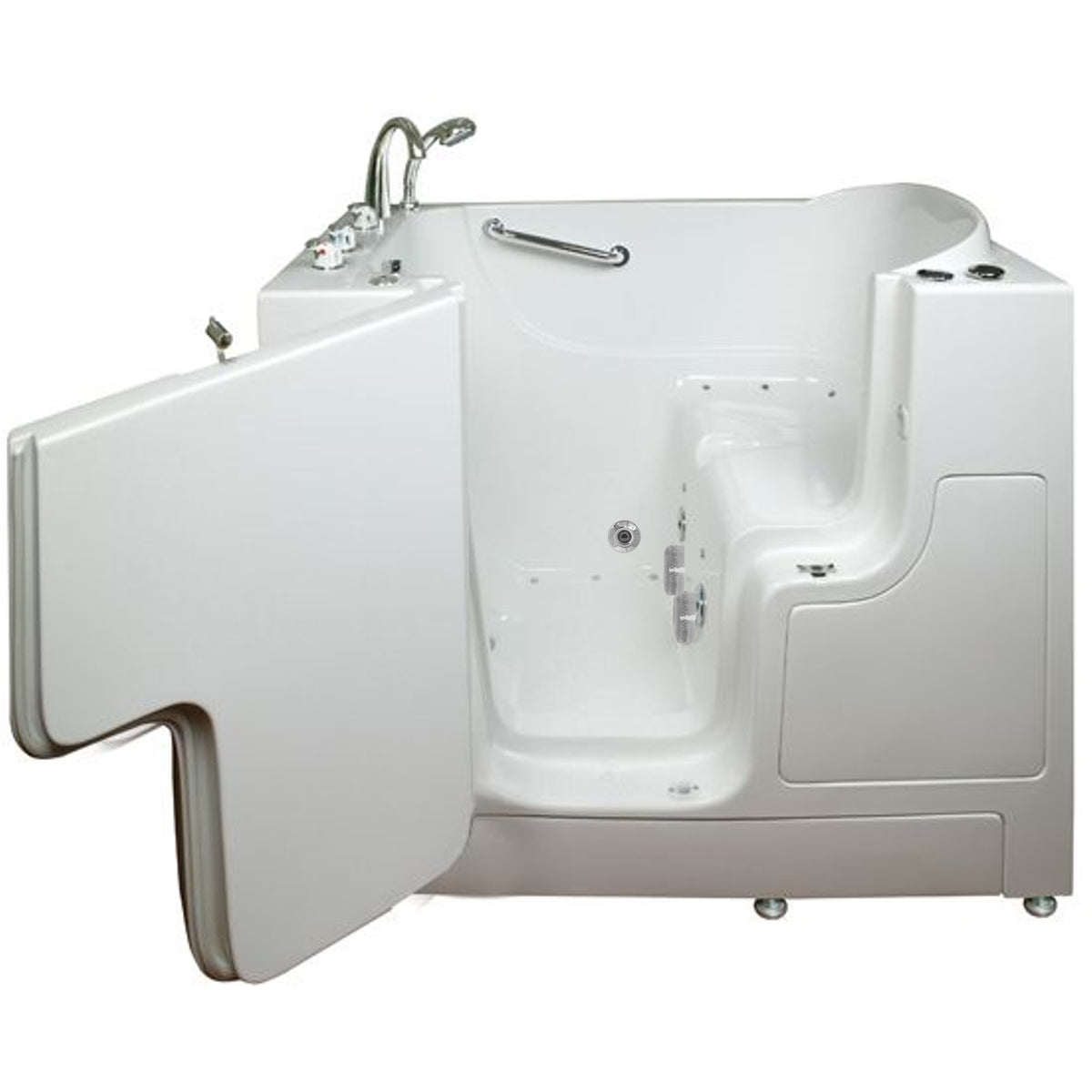 Avora bath 30" x 52" wheelchair transfer walk-in tub white with left outward swinging door, air and hydro massage with microbubbles and  handle & faucet  - open door - Vital Hydrotherapy