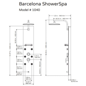 PULSE ShowerSpas White Venetian Glass Oil Rubbed Bronze Shower Panel - Barcelona ShowerSpa 1040 Specification Drawing - Vital Hydrotherapy