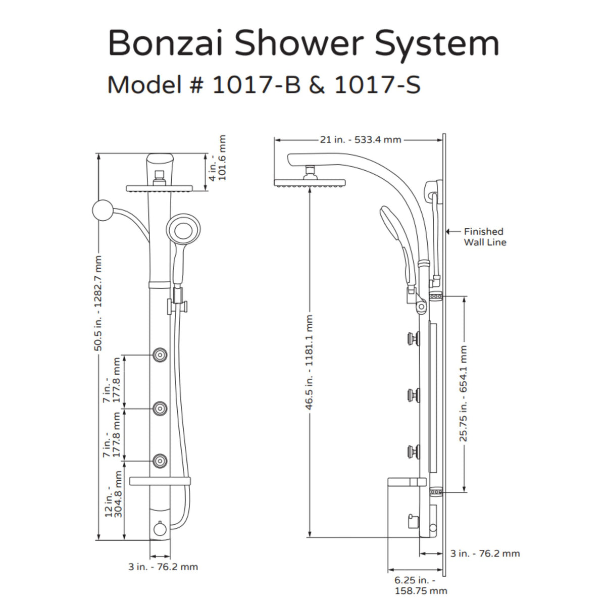 PULSE ShowerSpas Aluminum Shower System - Bonzai Shower System 1017 Specification Drawing - Vital Hydrotherapy