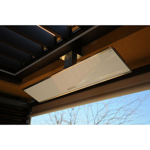 2300W Platinum Smart-Heat Electric Heater in White Stainless Steel Tinted Glass-Ceramic Screen Slim-line Design mounted in a ceiling close up view
