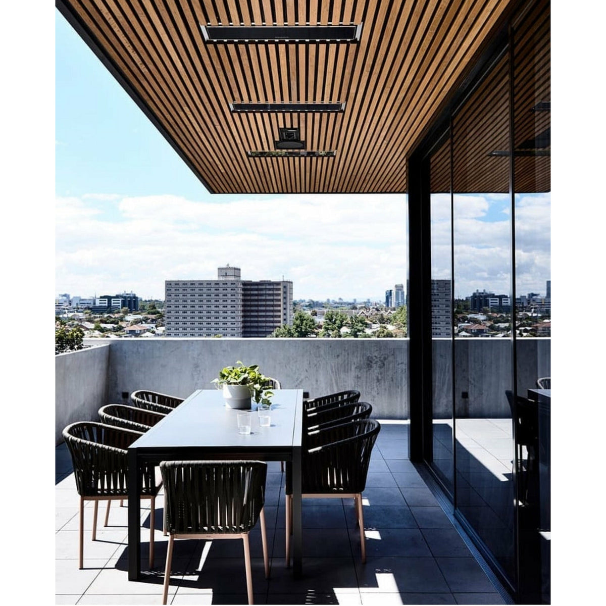 3400W Platinum Smart-Heat Electric Heater in Black Stainless Steel Tinted Glass-Ceramic Screen Slim-line Design mounted in a ceiling outdoor