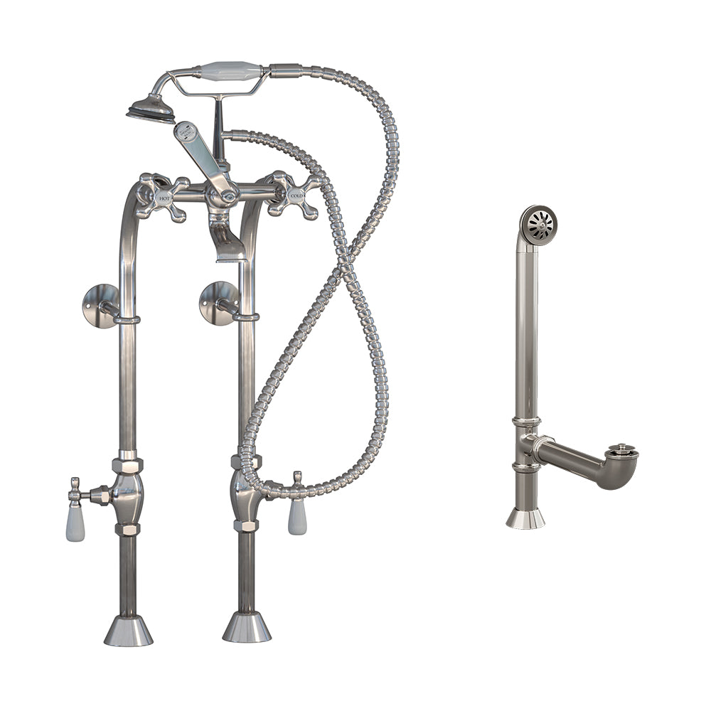 Cambridge Plumbing Complete Free Standing Plumbing Package (Solid Brass, Brushed Nickel) (Bullnose Tub Filler) for Clawfoot Tub CAM398463-PKG - Vital Hydrotherapy