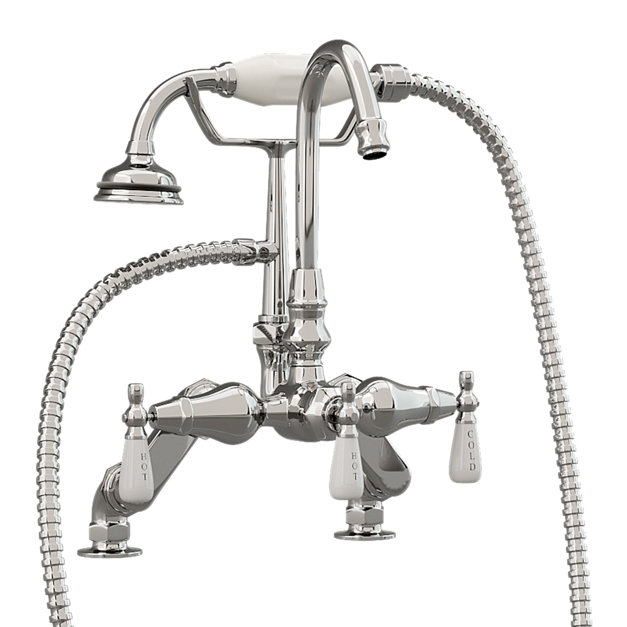 Cambridge Plumbing Clawfoot Tub Deck Mount Porcelain Lever English Telephone Brass Faucet with Hand Held Shower - Brushed Nickel - CAM684D - Vital Hydrotherapy