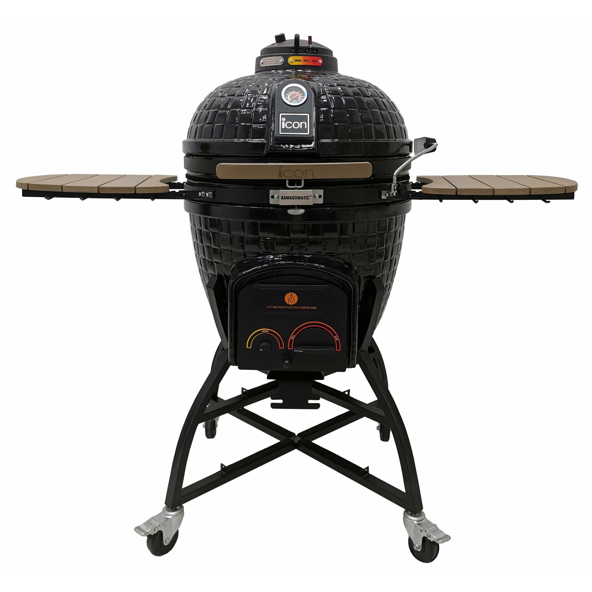 Icon XR402 Deluxe Kamado grill, Black - Color Coded Cast Iron Vent top Vent with smoker knob, cast iron and stainless steel cooking Grids, Easy lift Kamadomatic hinge, upgraded felt & Locking latch Wood sculpted thermoplastic side shelves with accessory hooks, electric starter port , electric starter holster, removable ash tray, extra wide storage cart with 3" caster wheels in a white background