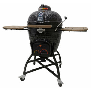 Icon XR402 Deluxe Kamado grill, Black - Color Coded Cast Iron Vent top Vent with smoker knob, cast iron and stainless steel cooking Grids, Easy lift Kamadomatic hinge, upgraded felt & Locking latch Wood sculpted thermoplastic side shelves with accessory hooks, electric starter port , electric starter holster, removable ash tray, extra wide storage cart with 3" caster wheels in a white background