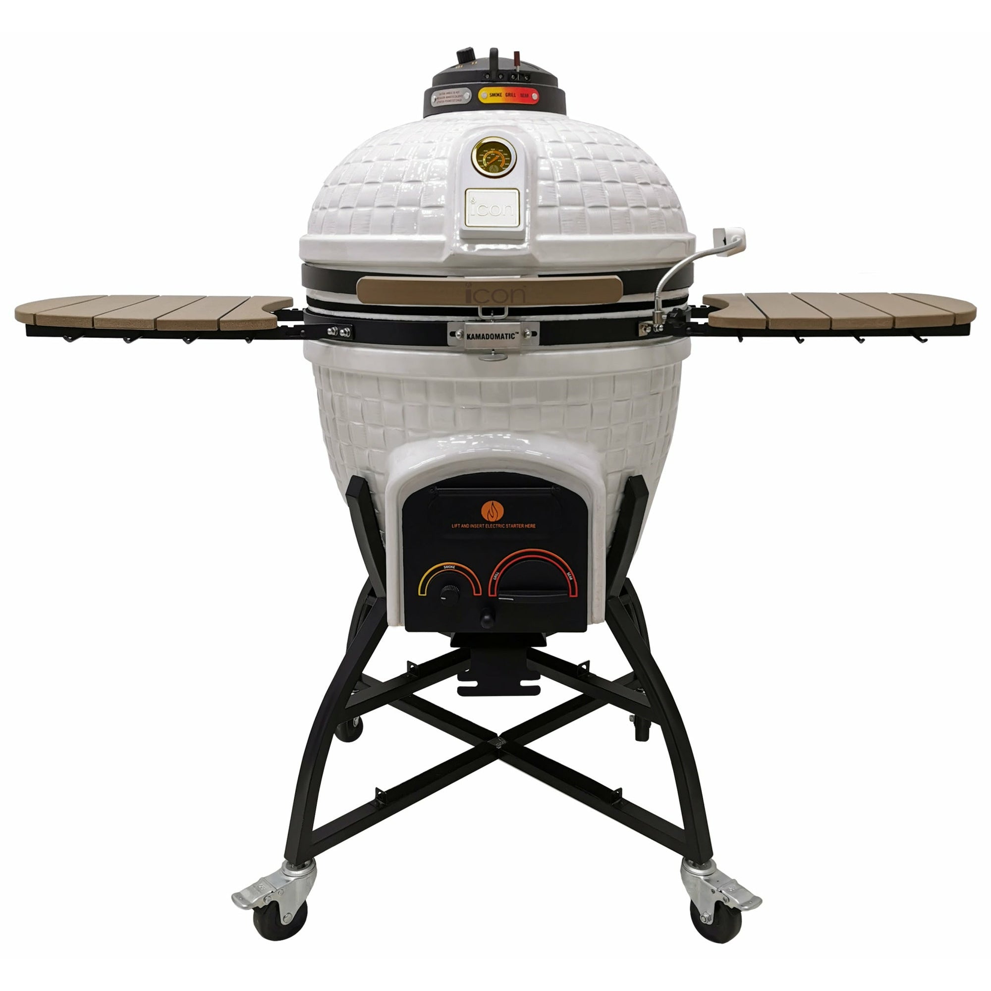 Icon XR402 Deluxe Kamado grill white - Color Coded Cast Iron Vent top Vent with smoker knob, cast iron and stainless steel cooking Grids, Easy lift Kamadomatic hinge, upgraded felt & Locking latch Wood sculpted thermoplastic side shelves with accessory hooks, electric starter port , electric starter holster, removable ash tray, extra wide storage cart with 3" caster wheels in a white background