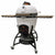 Icon XR402 Deluxe Kamado grill white - Color Coded Cast Iron Vent top Vent with smoker knob, cast iron and stainless steel cooking Grids, Easy lift Kamadomatic hinge, upgraded felt & Locking latch Wood sculpted thermoplastic side shelves with accessory hooks, electric starter port , electric starter holster, removable ash tray, extra wide storage cart with 3" caster wheels in a white background