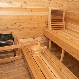Dundalk Canadian Timber Luna 2 to 3 Person White Cedar Sauna CTC22LU - with ergonomic backrest, cask & spoon and  Heater - Inside view - Vital Hydrotherapy