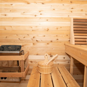 Dundalk Canadian Timber Luna 2 to 3 Person White Cedar Sauna CTC22LU - with ergonomic backrest, cask & spoon and heater - Inside view - Vital Hydrotherapy