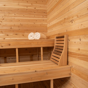 Dundalk Canadian Timber Luna 2 to 3 Person White Cedar Sauna CTC22LU - with ergonomic backrest and white towel - Inside view - Vital Hydrotherapy