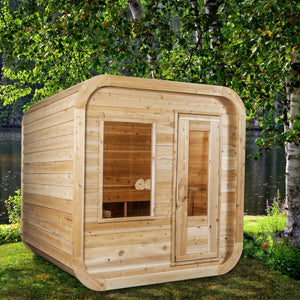 Dundalk Canadian Timber Luna 2 to 3 Person White Cedar Sauna CTC22LU - with bronze tempered glass with wooden frame - Isometric view - Outdoor setting - Vital Hydrotherapy