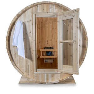Dundalk Canadian Timber Harmony 4 Person White Cedar Sauna CTC22W - with bronze tempered glass with wooden frame and Heater inside - Front view - Vital Hydrotherapy