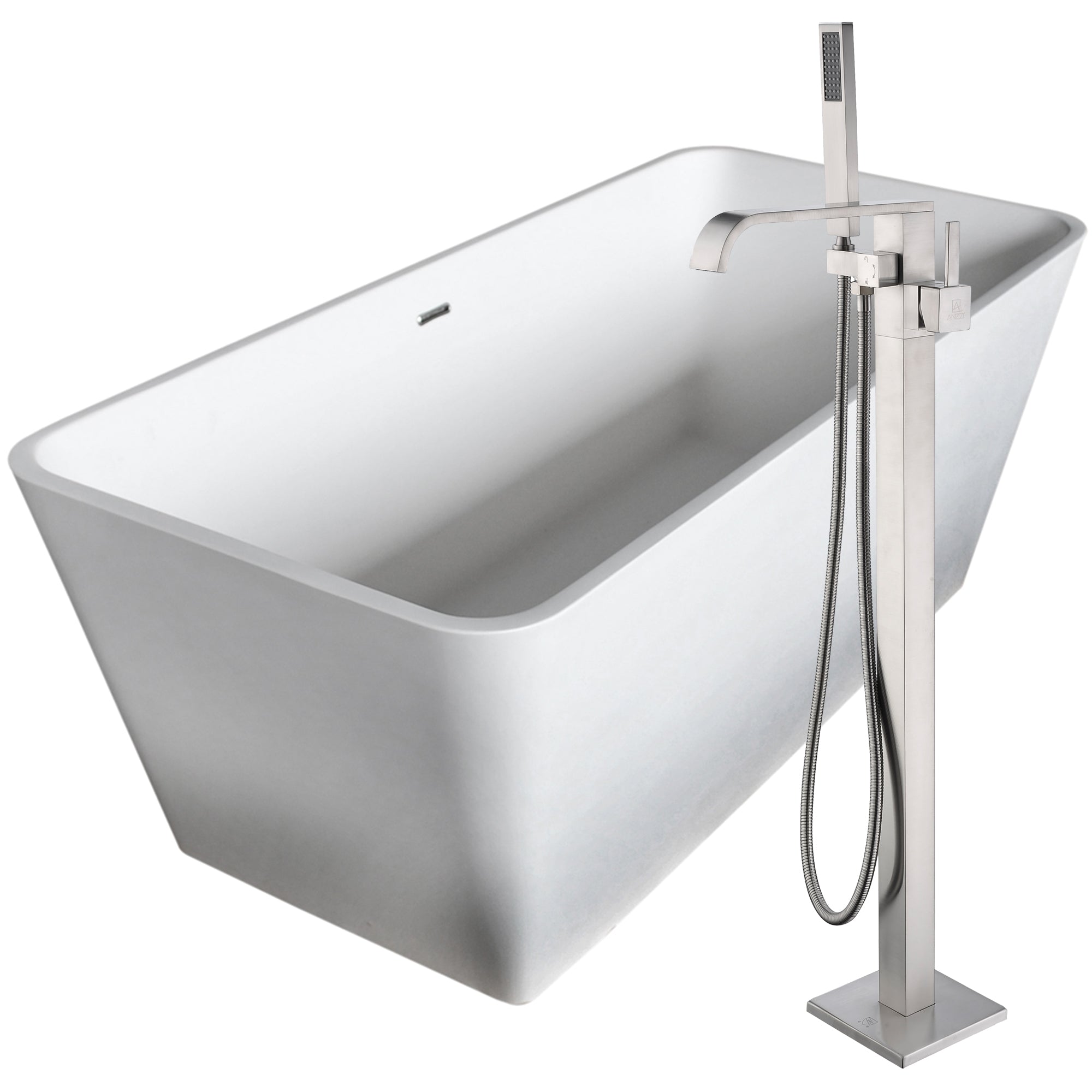 Anzzi Cenere 58.25 in. Solid Surface Soaking Bathtub in White with Angel Faucet in Brushed Nickel - Floor Mounted - FTAZ501-0044B - Vital Hydrotherapy