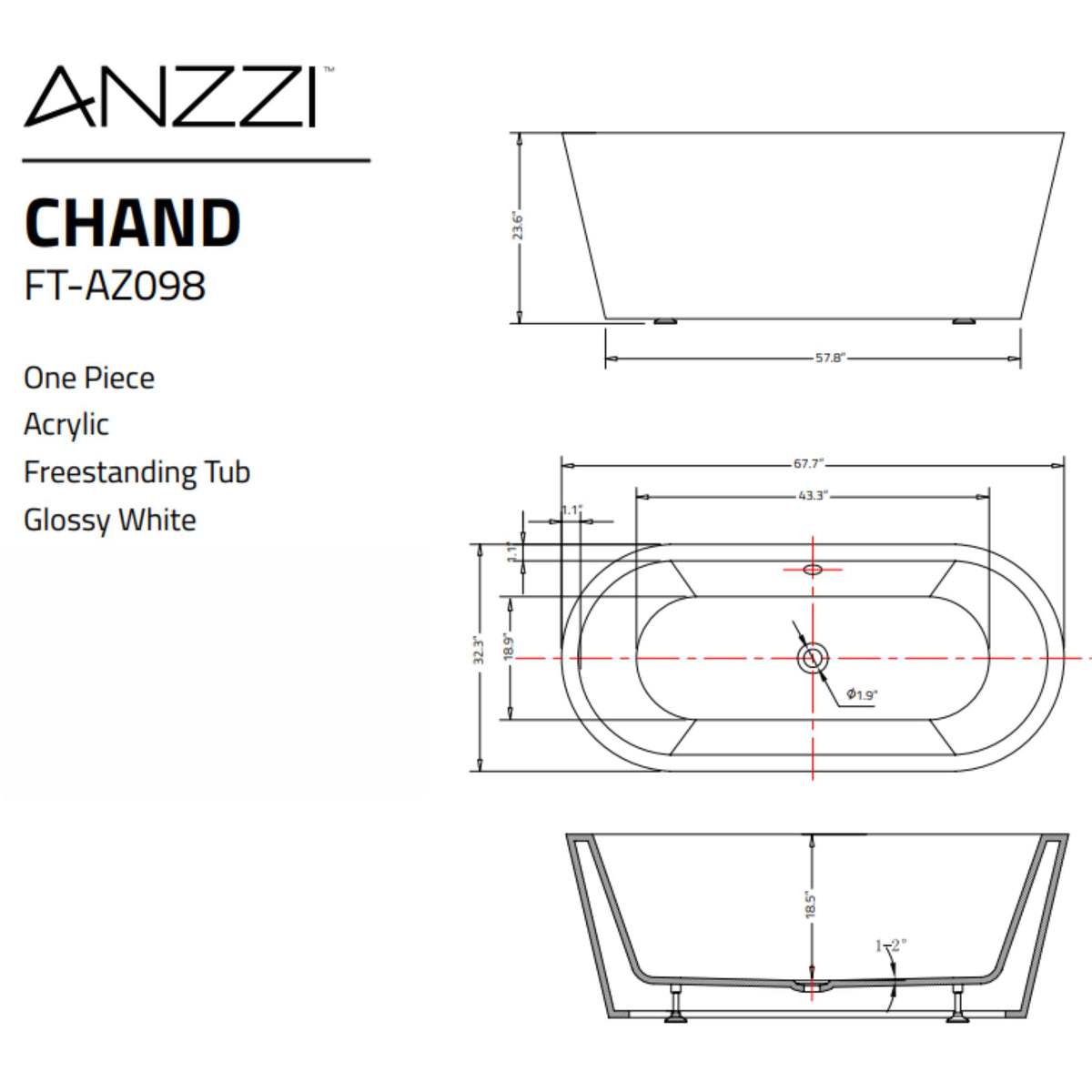 Anzzi Chand Series 5.58 ft. Freestanding Bathtub Specification Drawing FT-AZ098 - Vital Hydrotherapy