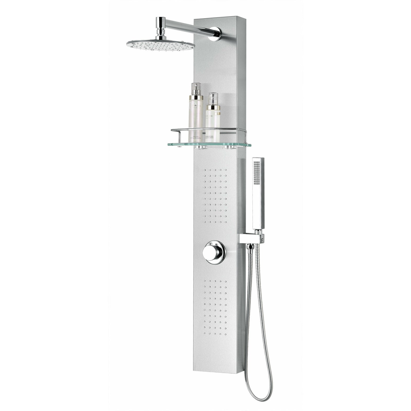 Anzzi Coastal 44 Inch Full Body Shower Panel with Deco-Glass Shampoo Shelf, Swiveling Crested Heavy Rain Shower Head, Shower Control Knob, Two Acu-stream Vector Massage Body Jet Sets and Euro-grip Hand Sprayer in Brushed Steel SP-AZ075 - Vital Hydrotherapy