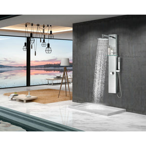 Anzzi Coastal 44 Inch Full Body Shower Panel with Deco-Glass Shampoo Shelf, Swiveling Crested Heavy Rain Shower Head, Shower Control Knob, Two Acu-stream Vector Massage Body Jet Sets and Euro-grip Hand Sprayer in Brushed Steel SP-AZ075 - Lifestyle - Vital Hydrotherapy