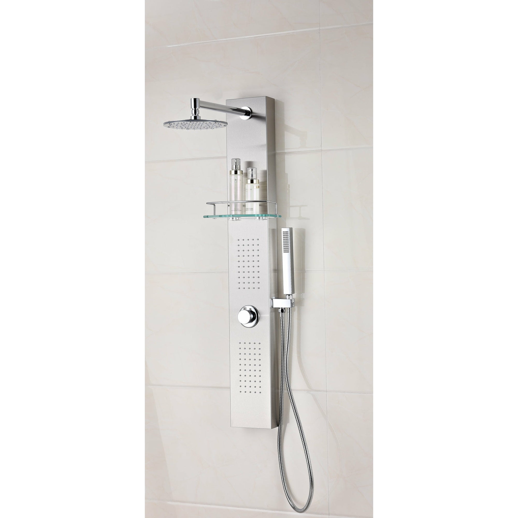 Anzzi Coastal 44 Inch Full Body Shower Panel with Deco-Glass Shampoo Shelf, Swiveling Crested Heavy Rain Shower Head, Shower Control Knob, Two Acu-stream Vector Massage Body Jet Sets and Euro-grip Hand Sprayer in Brushed Steel SP-AZ075 - Vital Hydrotherapy