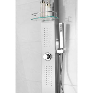 Anzzi Coastal 44 Inch Full Body Shower Panel with Deco-Glass Shampoo Shelf, Shower Control Knob, Two Acu-stream Vector Massage Body Jet Sets and Euro-grip Hand Sprayer in Brushed Steel SP-AZ075 - Vital Hydrotherapy