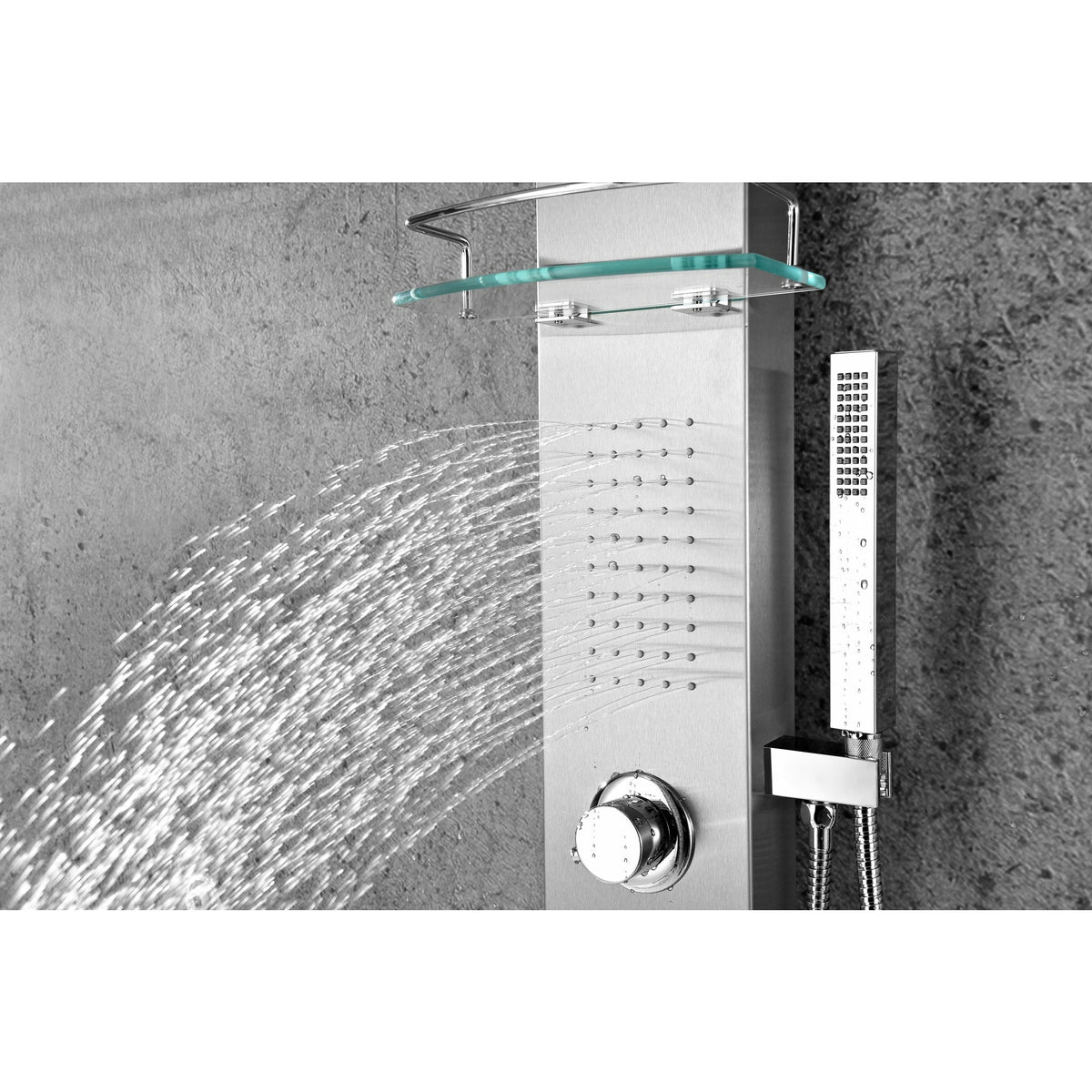 Anzzi Coastal 44 Inch Full Body Shower Panel with Deco-Glass Shampoo Shelf, Shower Control Knob, Two Acu-stream Vector Massage Body Jet Sets and Euro-grip Hand Sprayer in Brushed Steel SP-AZ075 - Vital Hydrotherapy