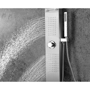 Anzzi Coastal 44 Inch Full Body Shower Panel with Deco-Glass Shampoo Shelf, Shower Control Knob, Two Acu-stream Vector Massage Body Jet Sets and Euro-grip Hand Sprayer in Brushed Steel SP-AZ075 - Vital Hydrotherapy