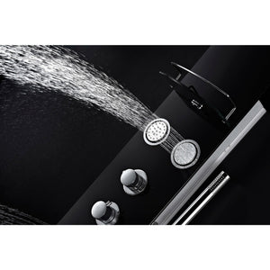Anzzi Deco-Glass Shampoo Shelfs, Acu-stream Directional Body Jets, Shower Control Knobs and Euro-grip Handheld Sprayer in Black SP-AZ8095 - Vital Hydrotherapy