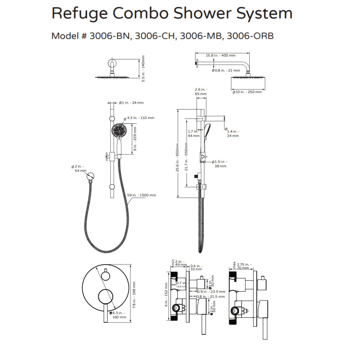 PULSE ShowerSpas Combo Shower System 3006 Specification Drawing - Vital Hydrotherapy