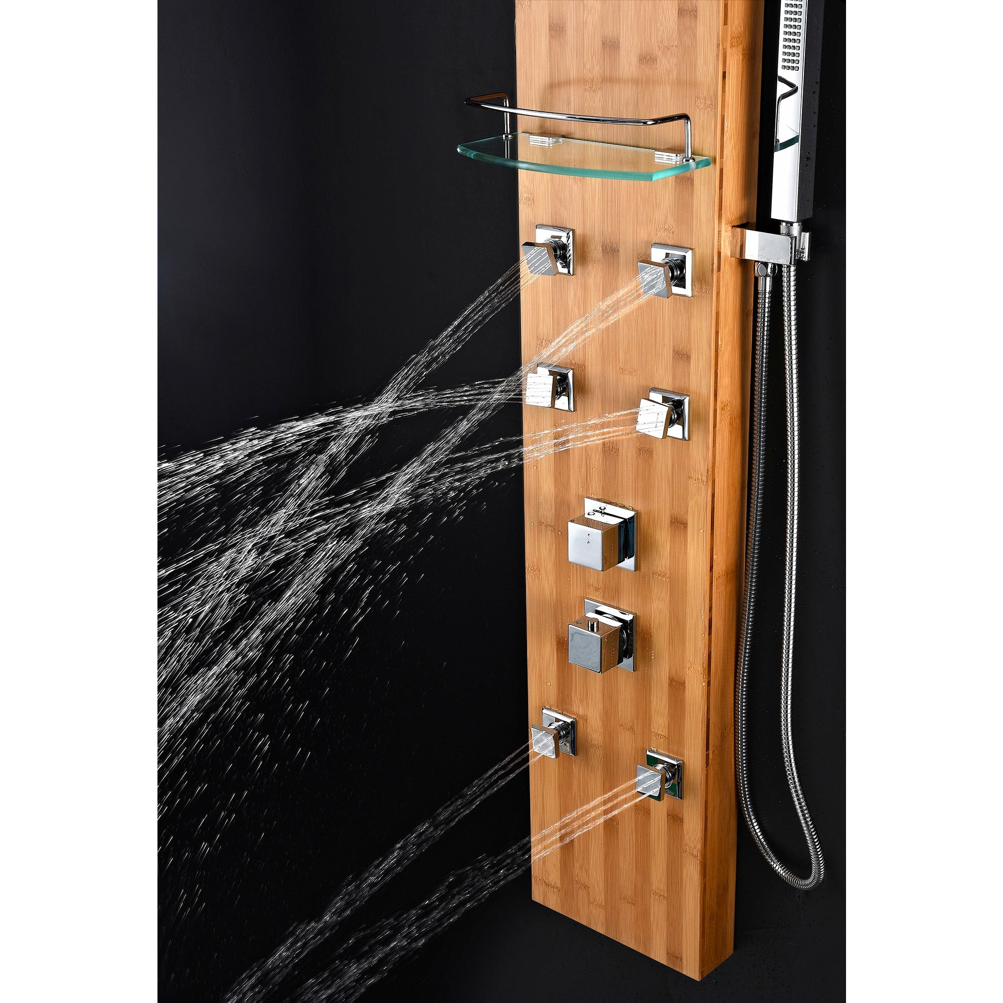 Anzzi Crane 60 Inch Full Body Shower Panel with Deco-Glass Shampoo Shelf, Swiveling Crested Heavy Rain Shower Head, Two Shower Control Knobs, Six Acu-stream Vector Massage Body Jet Sets and Euro-grip Hand Sprayer in Natural Bamboo SP-AZ058 - Vital Hydrotherapy