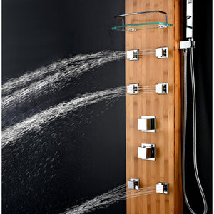Anzzi Crane 60 Inch Full Body Shower Panel with Deco-Glass Shampoo Shelf, Two Shower Control Knobs, Six Acu-stream Vector Massage Body Jet Sets and Euro-grip Hand Sprayer in Natural Bamboo SP-AZ058 - Vital Hydrotherapy