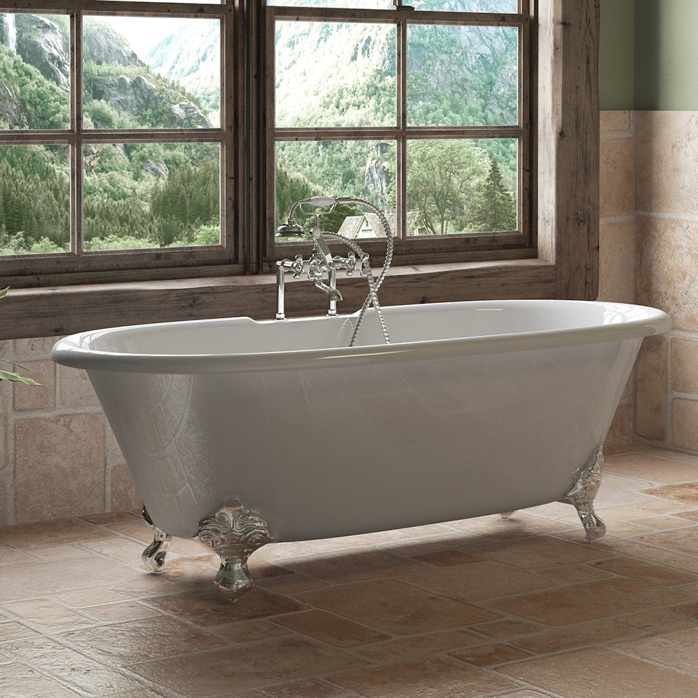 Cambridge Plumbing 66-Inch Double Ended Cast Iron Soaking Clawfoot Tub (porcelain enamel interior and white paint exterior) with Deck Mount Faucet Holes and Feet (Brushed nickel) DE-67-DH - Vital Hydrotherapy