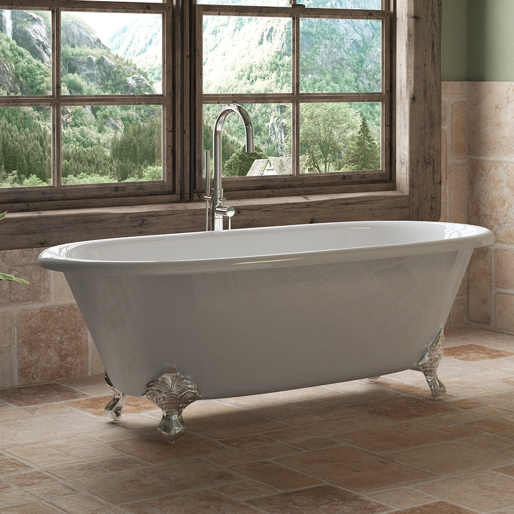 Cambridge Plumbing 66-Inch Double Ended Cast Iron Soaking Clawfoot Tub (Porcelain enamel interior and white paint exterior)with Feet (Brushed nickel) and No Faucet Holes DE-67-NH - Vital Hydrotherapy